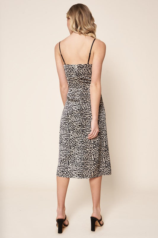 Leopard Satin Midi Slip Dress
