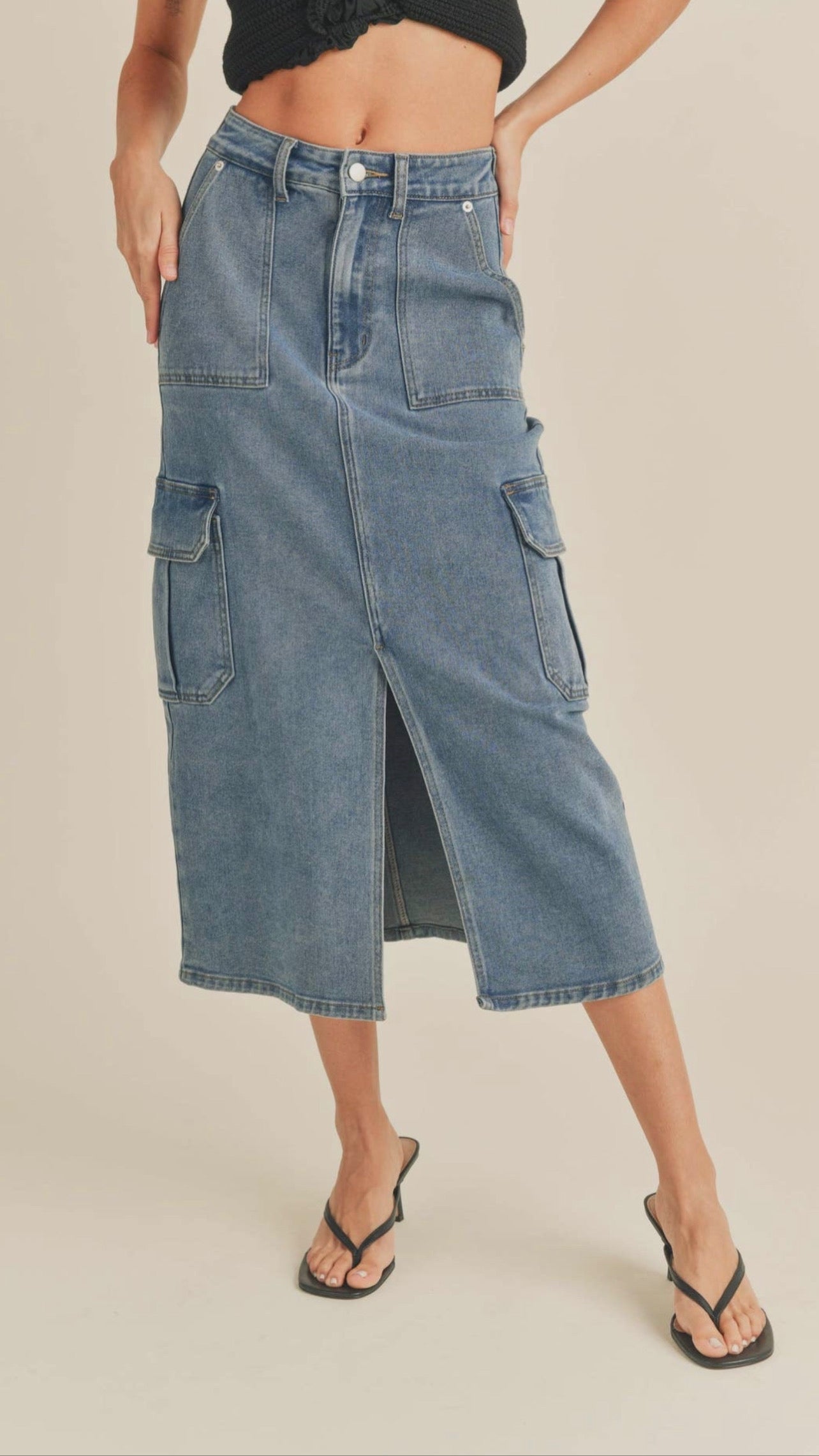 Demin Cargo Midi Skirt