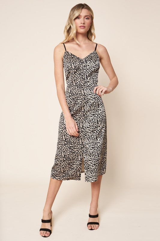 Leopard Satin Midi Slip Dress