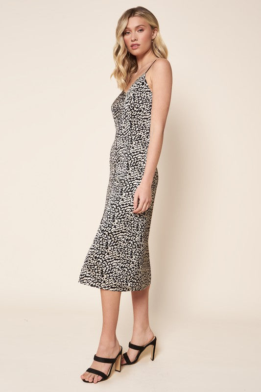 Leopard Satin Midi Slip Dress